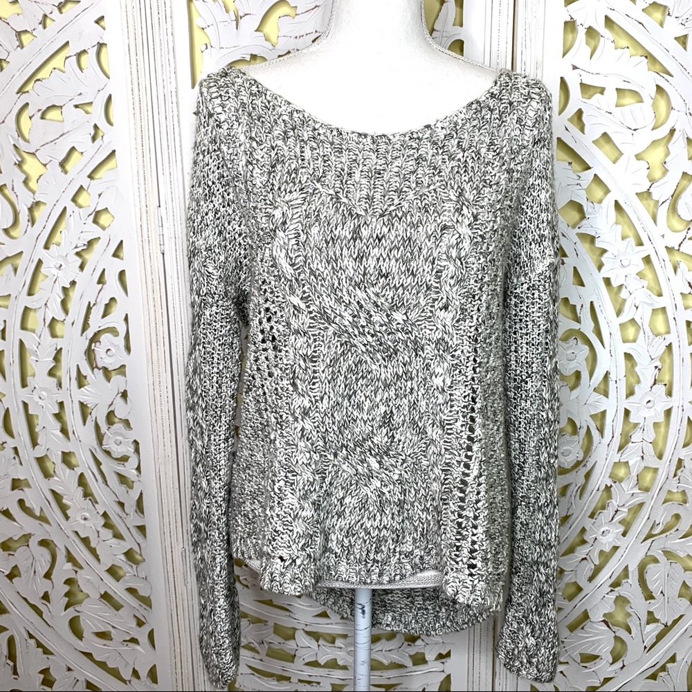 Free People Marled Gray & White Cable Knit Scoop Neck Sweater